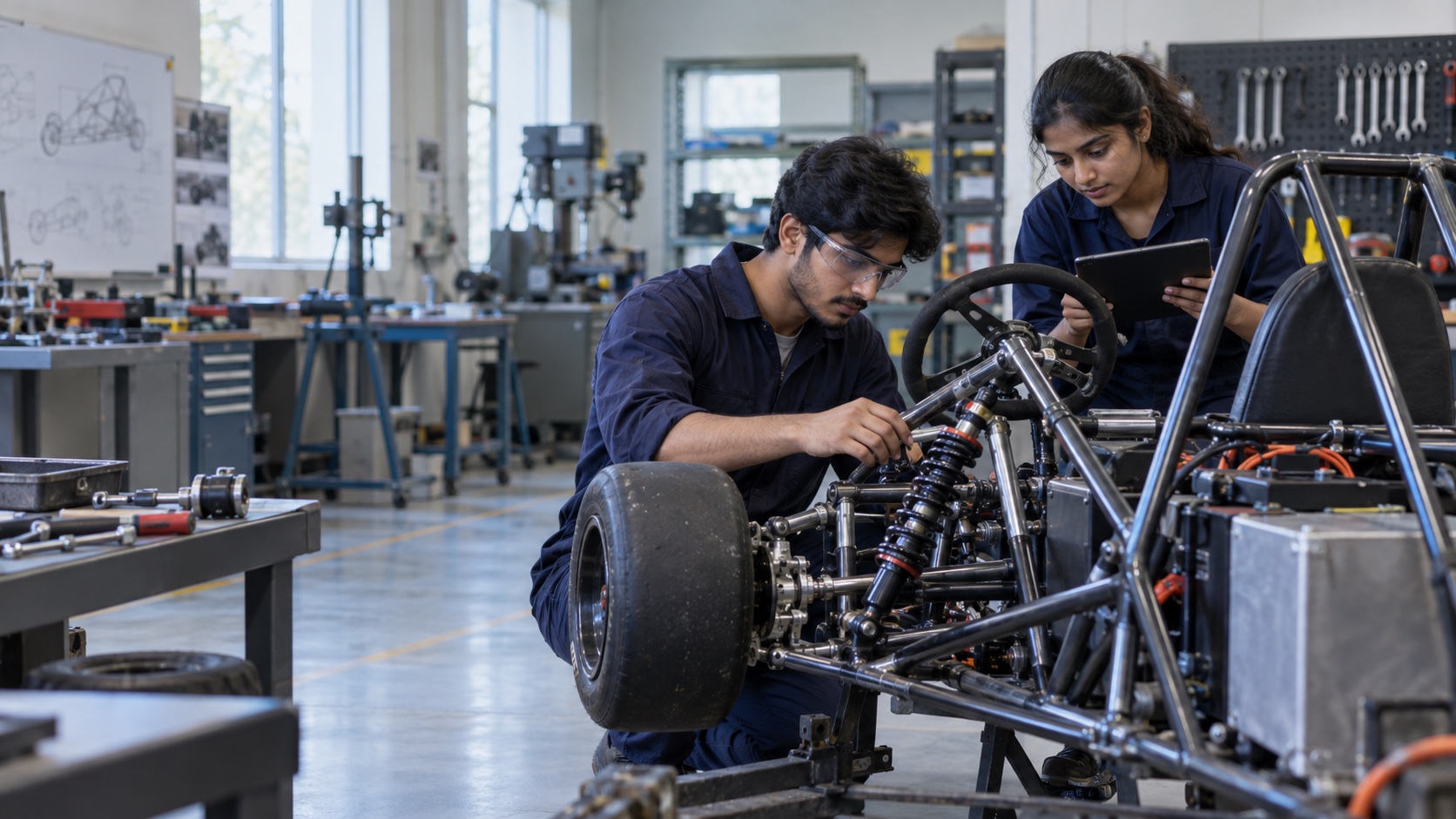 Engineering students inspecting the steering and suspension of an electric go-kart in an automotive workshop